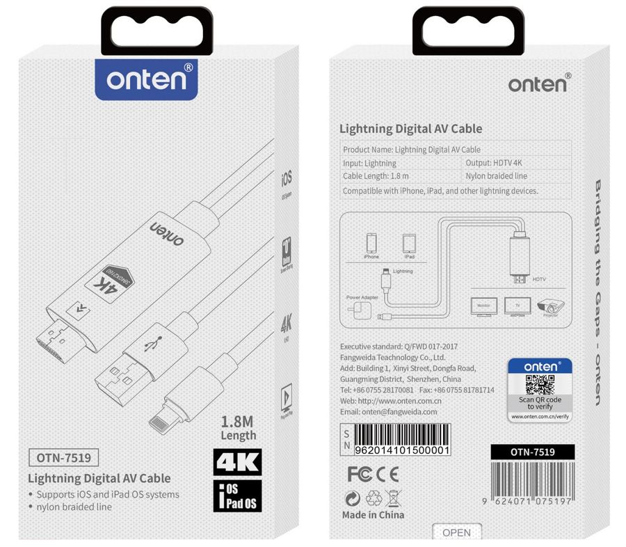 ONTEN OTN-7519 4K*2K)Lightning to HDMI Cable