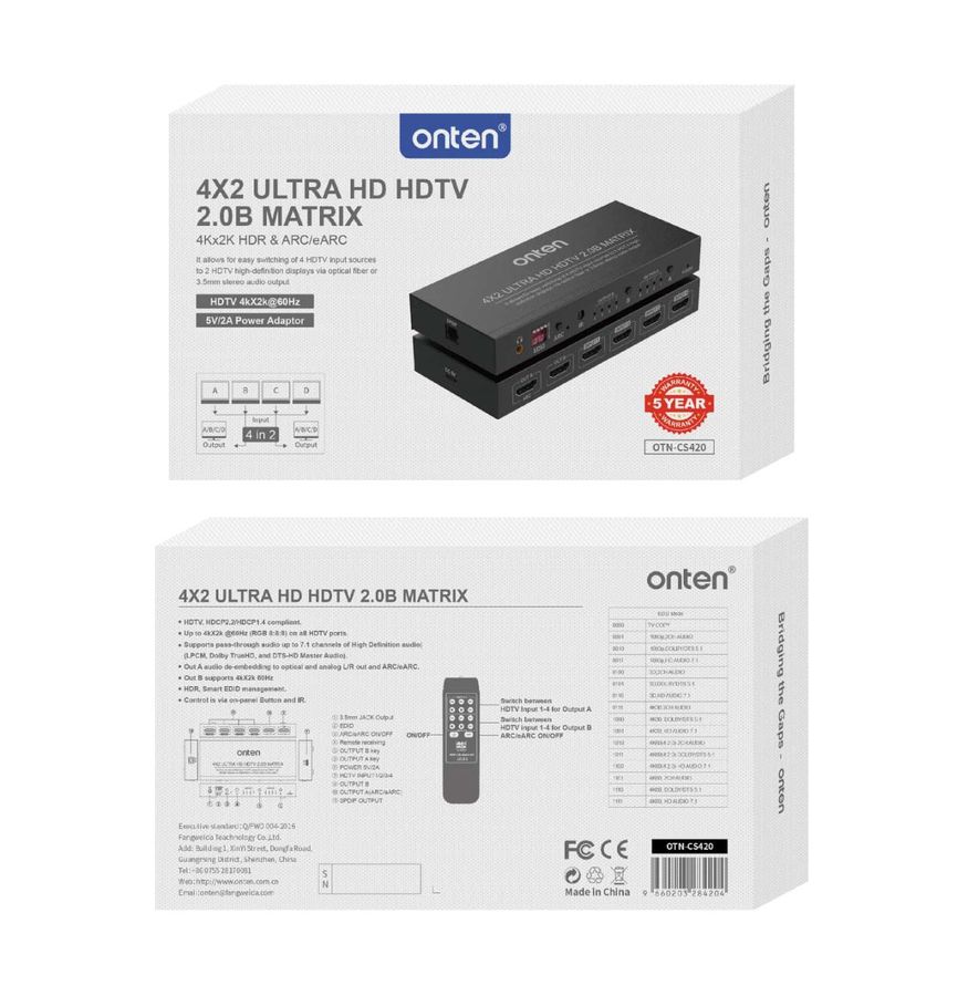ONTEN OTN-CS420 4 in 2 4x2 HDMI 2.0 Switch 4K@60Hz 4x2 HDMI 2.0