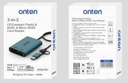 ONTEN OTN-KSS CF (Compact Flash)& SDXC & Micro SDXC Card Reader USB 3.2 Gen 1 5Gbps Support : USB-C or USB-A CF, SD 4.0