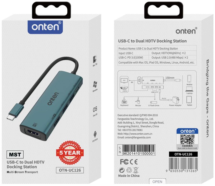 ONTEN OTN-UC126 5-in-1 Type-C Multi-function dock station to Dual HDMI adapter with PD 3.0 Charger support: MST and SST