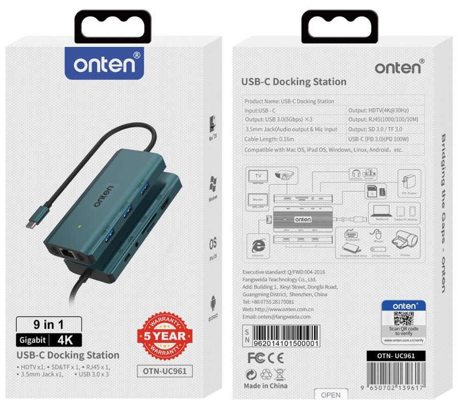ONTEN OTN-UC961 9-in-1 USB-C Multi-function docking station 9