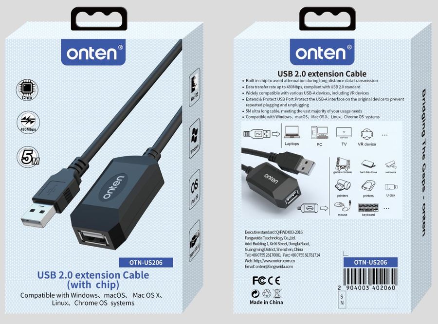 ONTEN OTN-US206 ) Ultra high speed USB 5M extension cable (with chip)