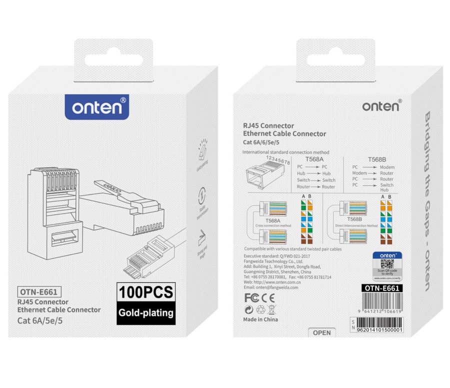 ONTEN OTN-E661 RJ45 Connector Ethernet Cable Connector Gold-plating Cat 6A/5e/5